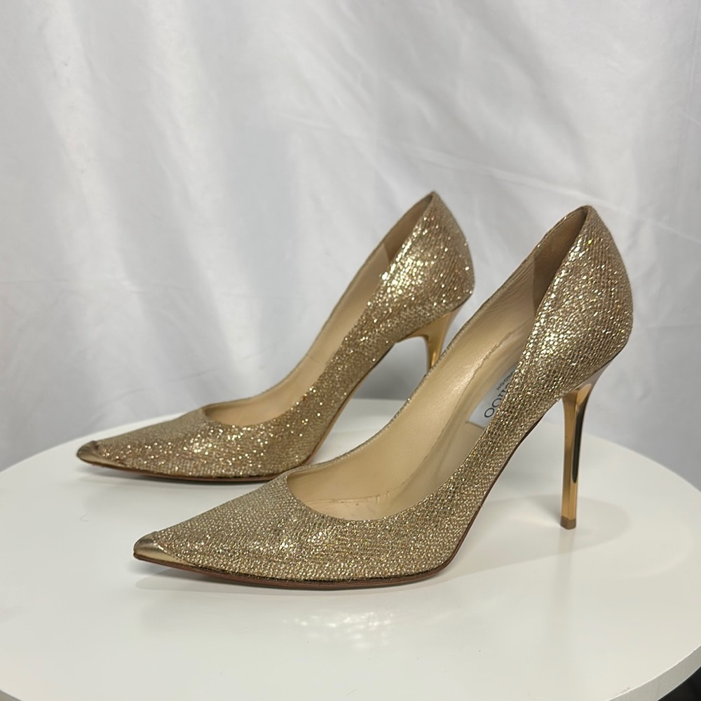 Jimmy Choo Gold Stiletto Heels with Glitter Finish
